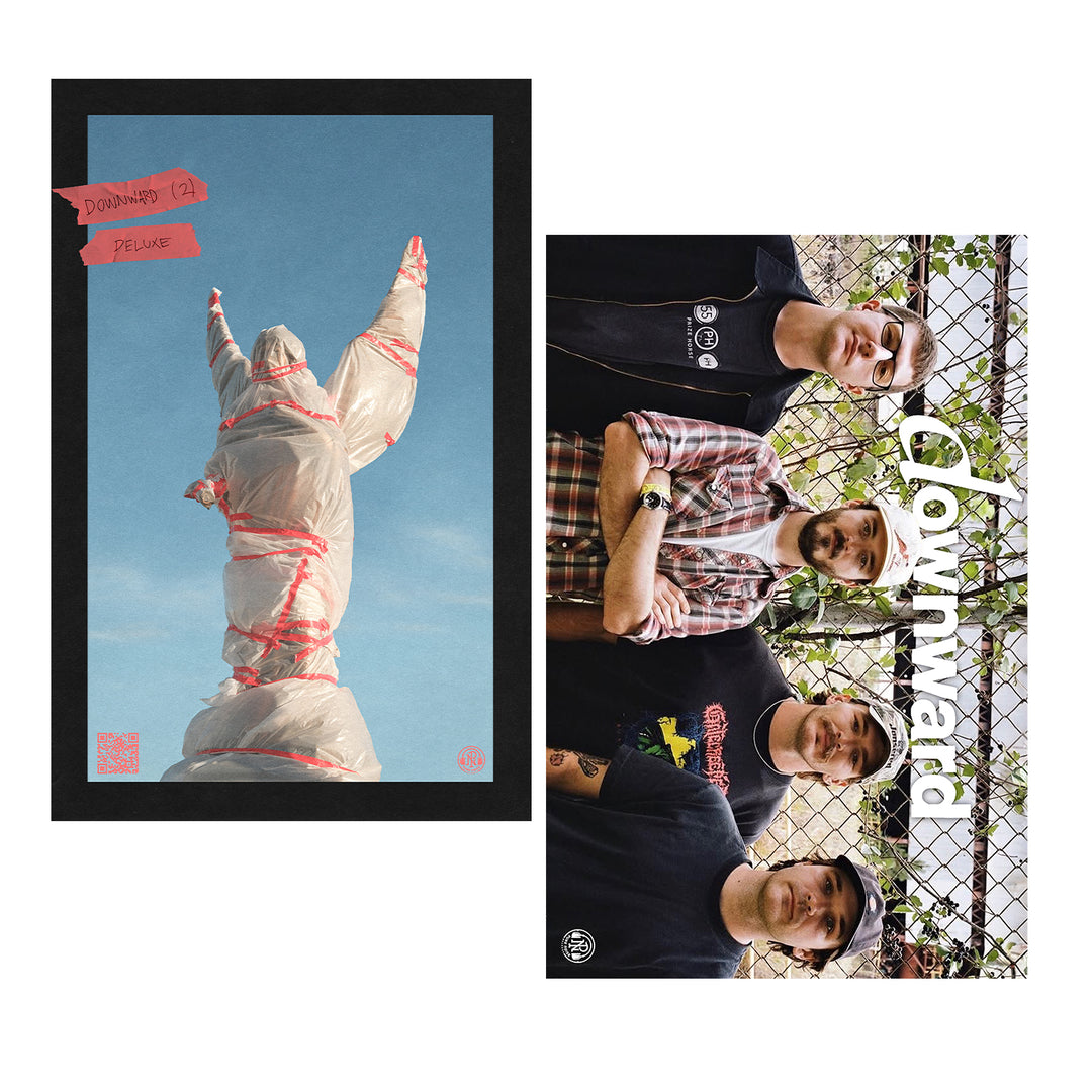 Two images side by side: left—a statue wrapped in plastic and red tape beneath a blue sky; right—four smiling men by a chain-link fence with "DOWNWARD" written vertically. Ideal as an 11x17 poster for fans of the DOWNWARD brand.
