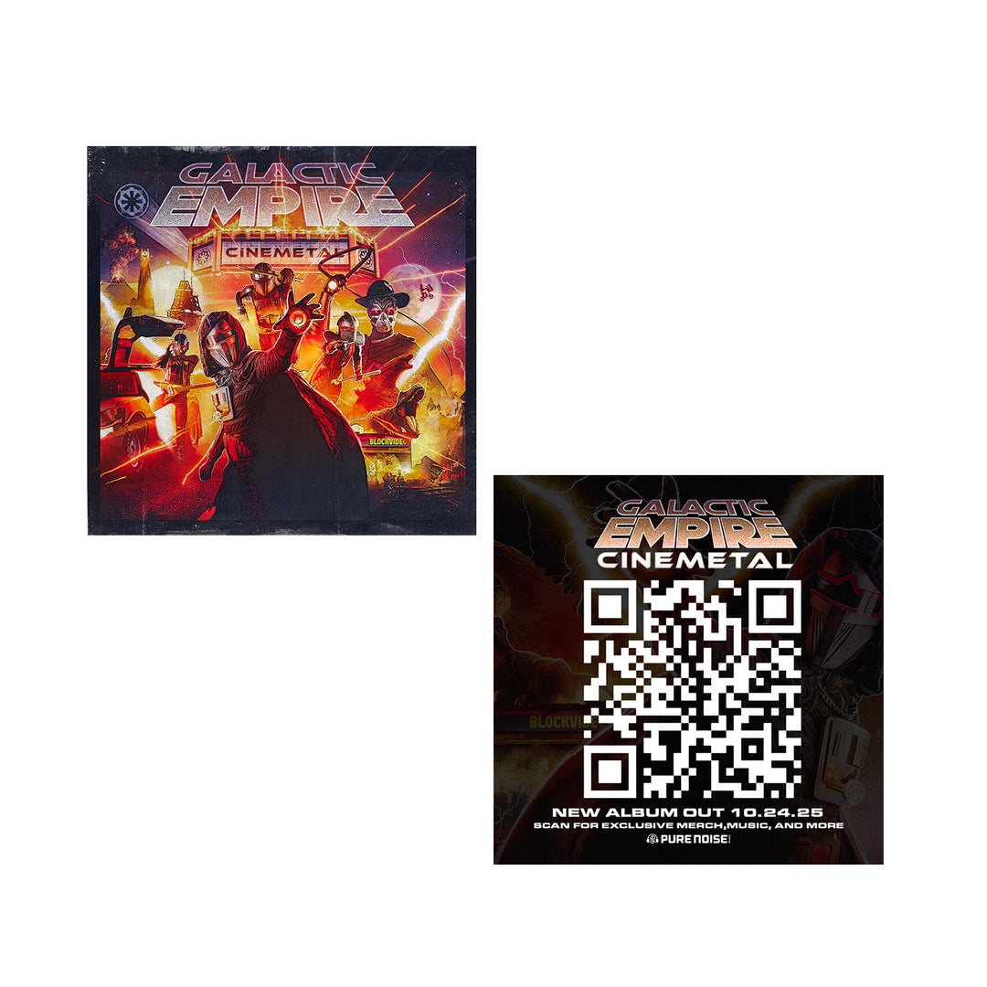 Two square images: the left is a sci-fi themed album cover with Galactic Empire and Cinemetal text; the right shows a QR code and text promoting the new Galactic Empire album, Cinemetal.