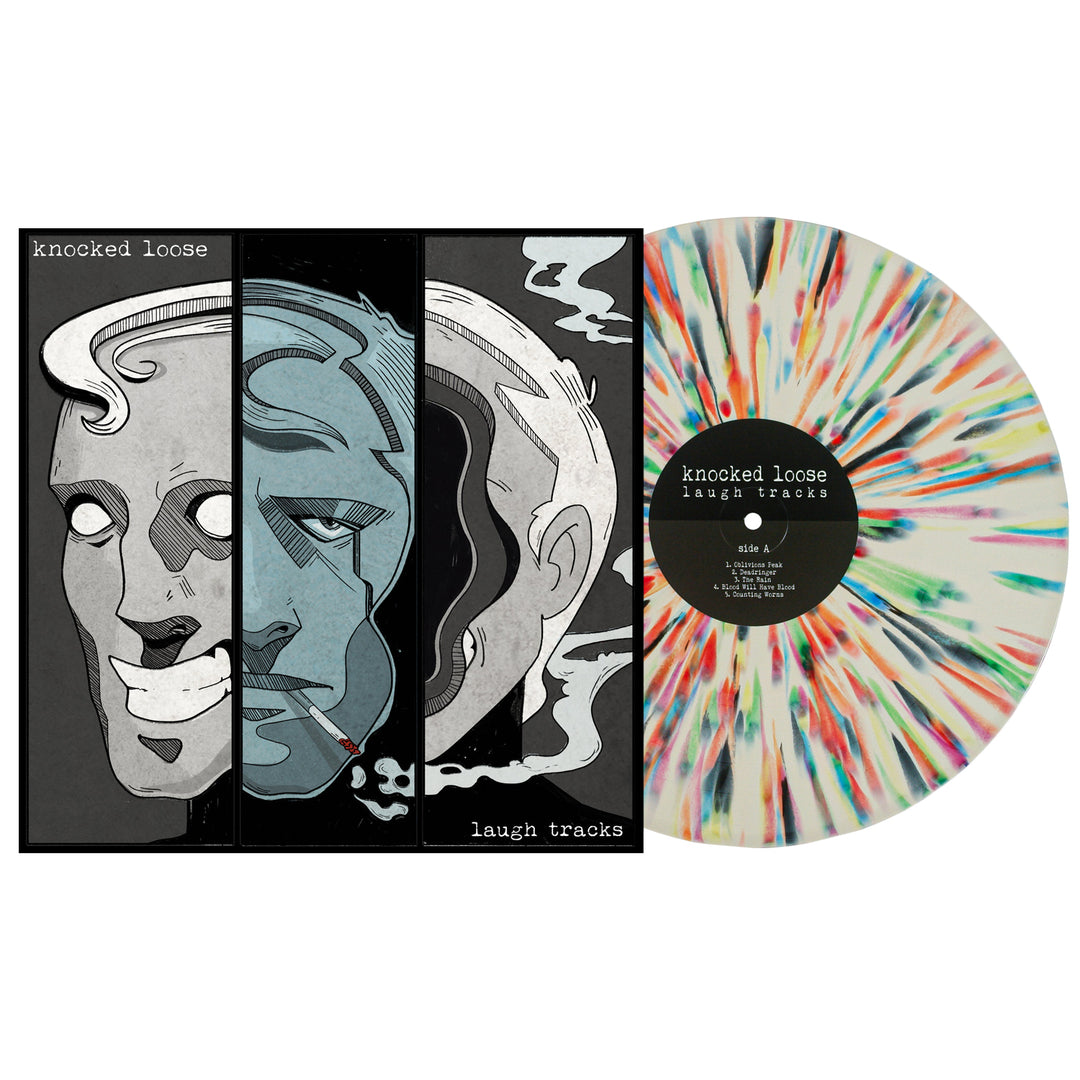 The image shows Knocked Loose’s album Laugh Tracks with an abstract cover of black, white, and blue faces next to the 17th Press limited edition Bone w Rainbow Splatter vinyl.