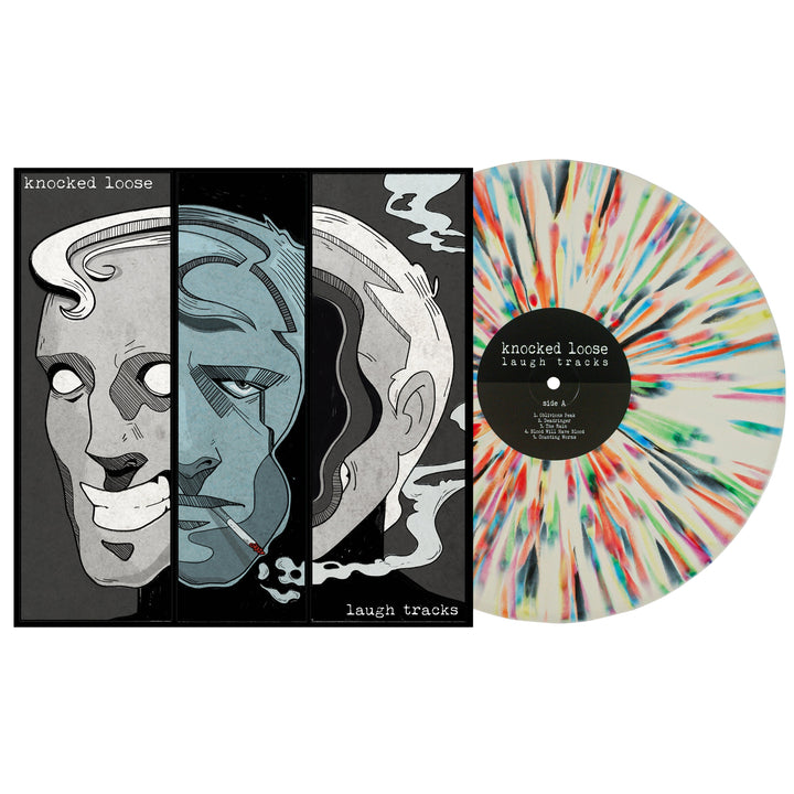 The image shows Knocked Loose’s album Laugh Tracks with an abstract cover of black, white, and blue faces next to the 17th Press limited edition Bone w Rainbow Splatter vinyl.