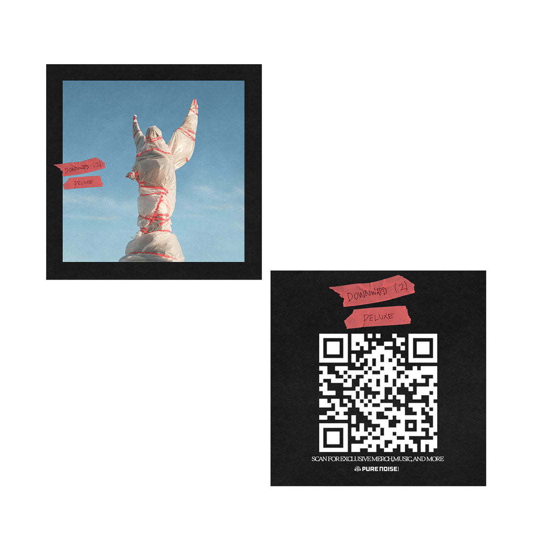 On the left, a statue wrapped in plastic and red tape is shown. On the right, a QR code labeled DOWNWARD Deluxe DOWNLOAD 24 and website link stand out on the black background.