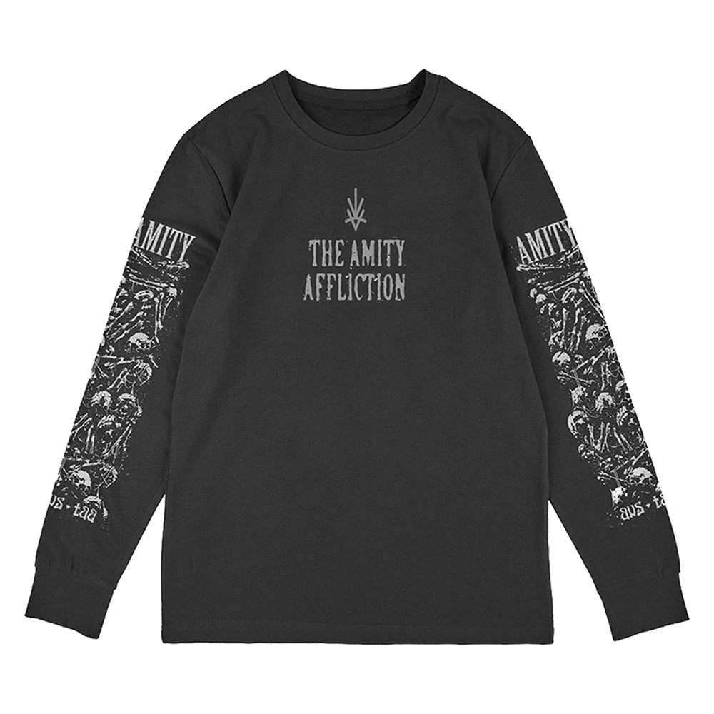 A black long-sleeve T-shirt by The Amity Affliction featuring the band name in white on the chest and custom white AMITY graphics down both sleeves.