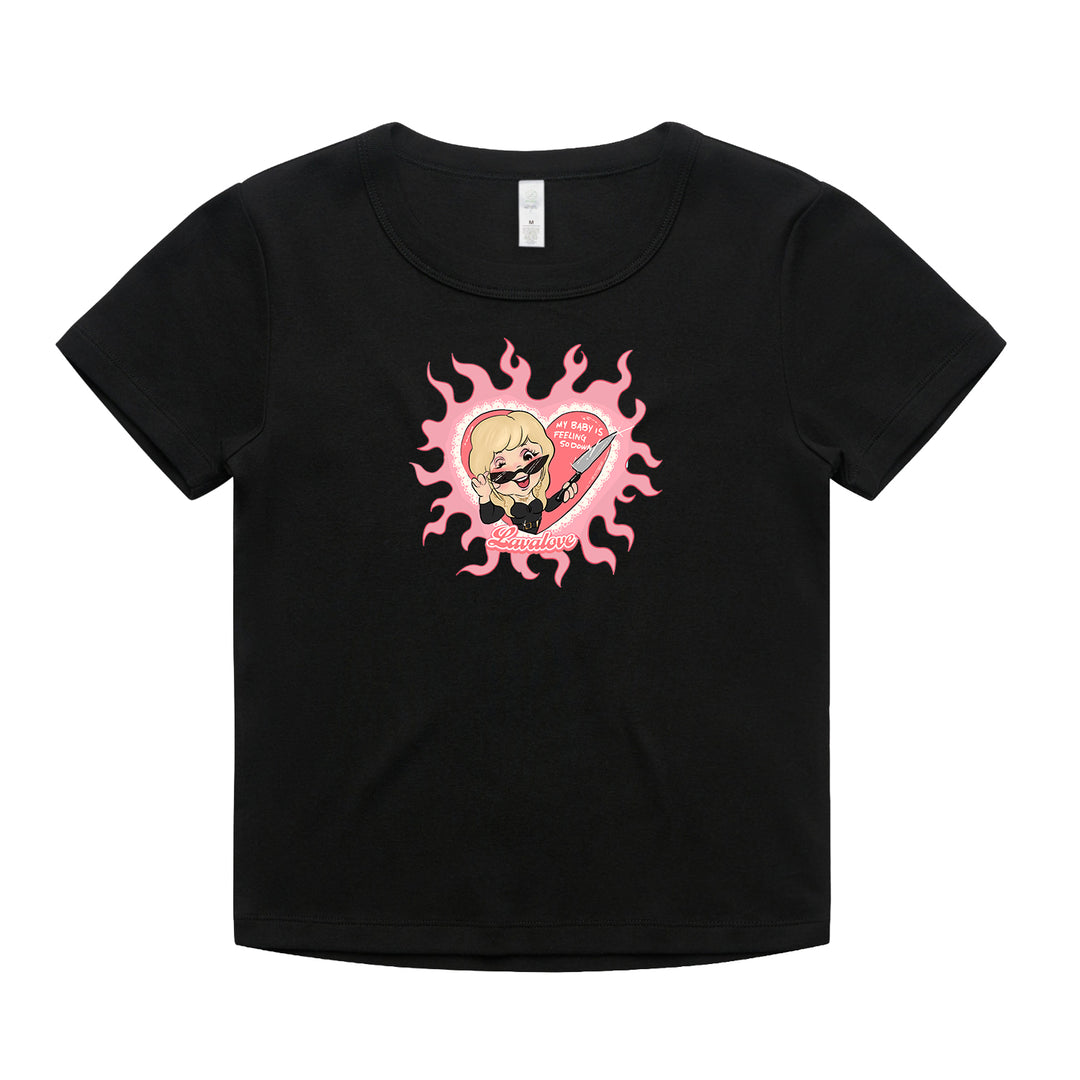 This black printed t-shirt by LAVALOVE features a blonde cartoon girl in sunglasses inside a pink heart and flame graphic, holding a sword, with "Heartbreaker" written below.
