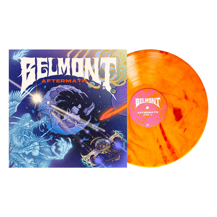 The image features Belmont’s Aftermath album cover with vibrant cosmic art, the band name and album title in bold text, and an orange Sunspot Marble limited edition vinyl.