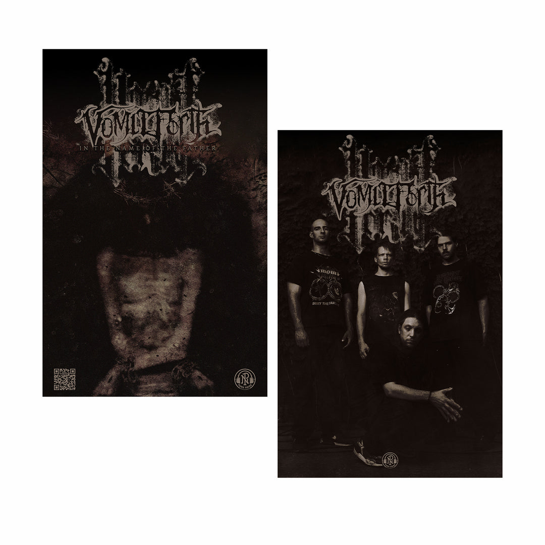Two dark, double-sided 11x17 posters for Vomit Forth: one shows a blurred, shirtless figure under the band's logo; the other features all four members in dark clothing beneath the same logo.