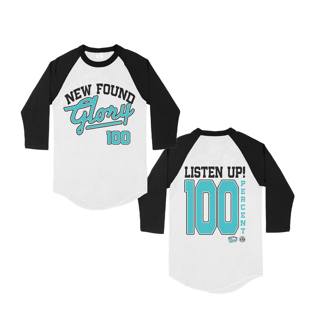 Two black and white New Found Glory raglan shirts with "New Found Glory 100" on the front in teal and black, and "Listen Up! 100 Percent" boldly on the back—ideal for pairing with your favorite white headphones.