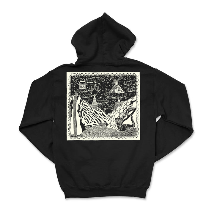 Black hoodie by The Story So Far with a large hand-drawn black-and-white graphic of mountains, trees, clouds, and UFOs on the back. This midweight pullover blends comfort and style in a whimsical printed design.