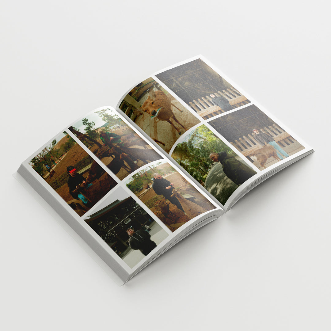 An open KOYO photo book displays candid images of people outdoors, engaging with animals and each other in natural settings. Laid flat on a white surface, it captures the relaxed charm of tour photography.