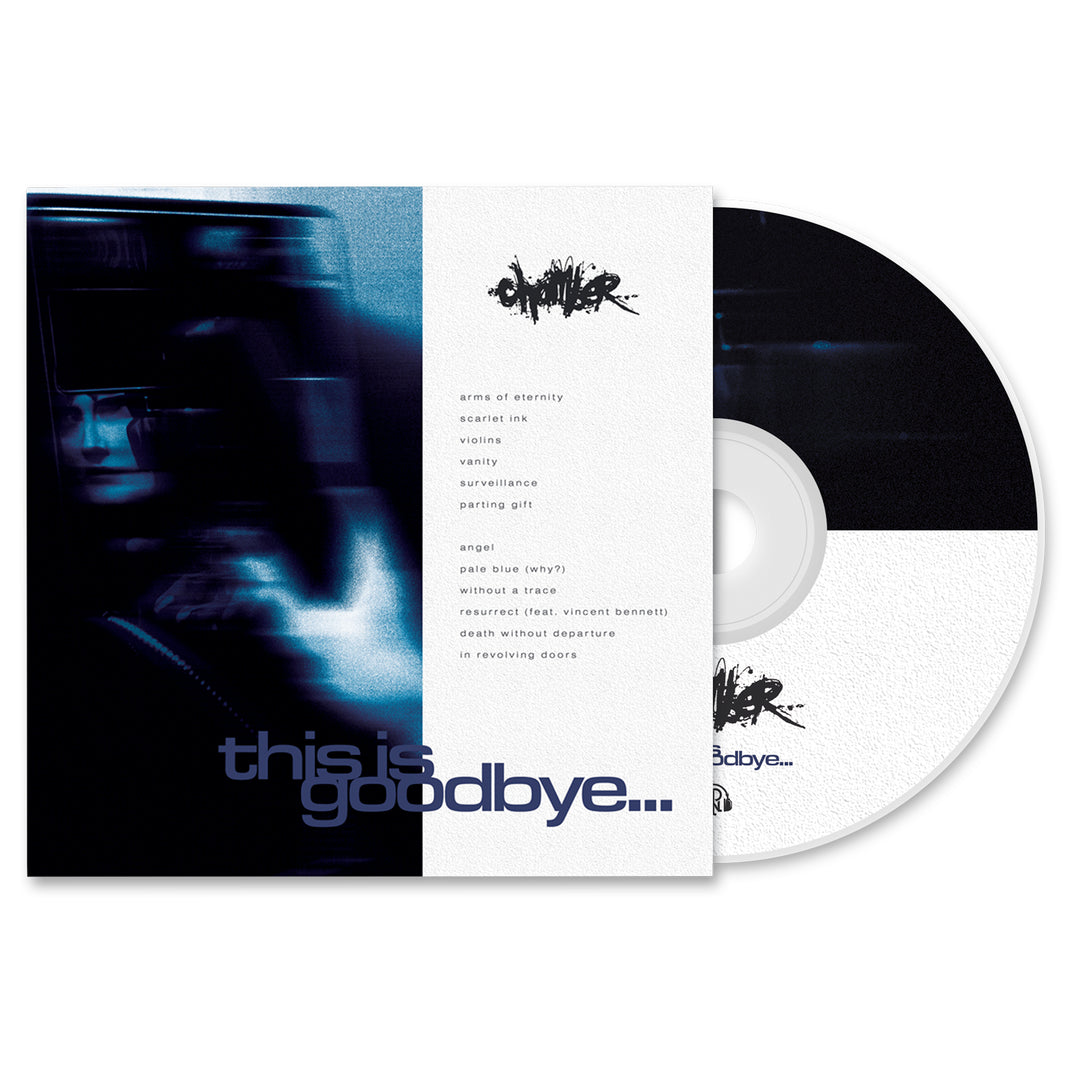 The Chamber music bundle includes the "This Is Goodbye" CD with its case, featuring abstract blue and black artwork with a blurred face and bold lowercase "this is goodbye..." at the bottom. Song titles are listed on the cover.
