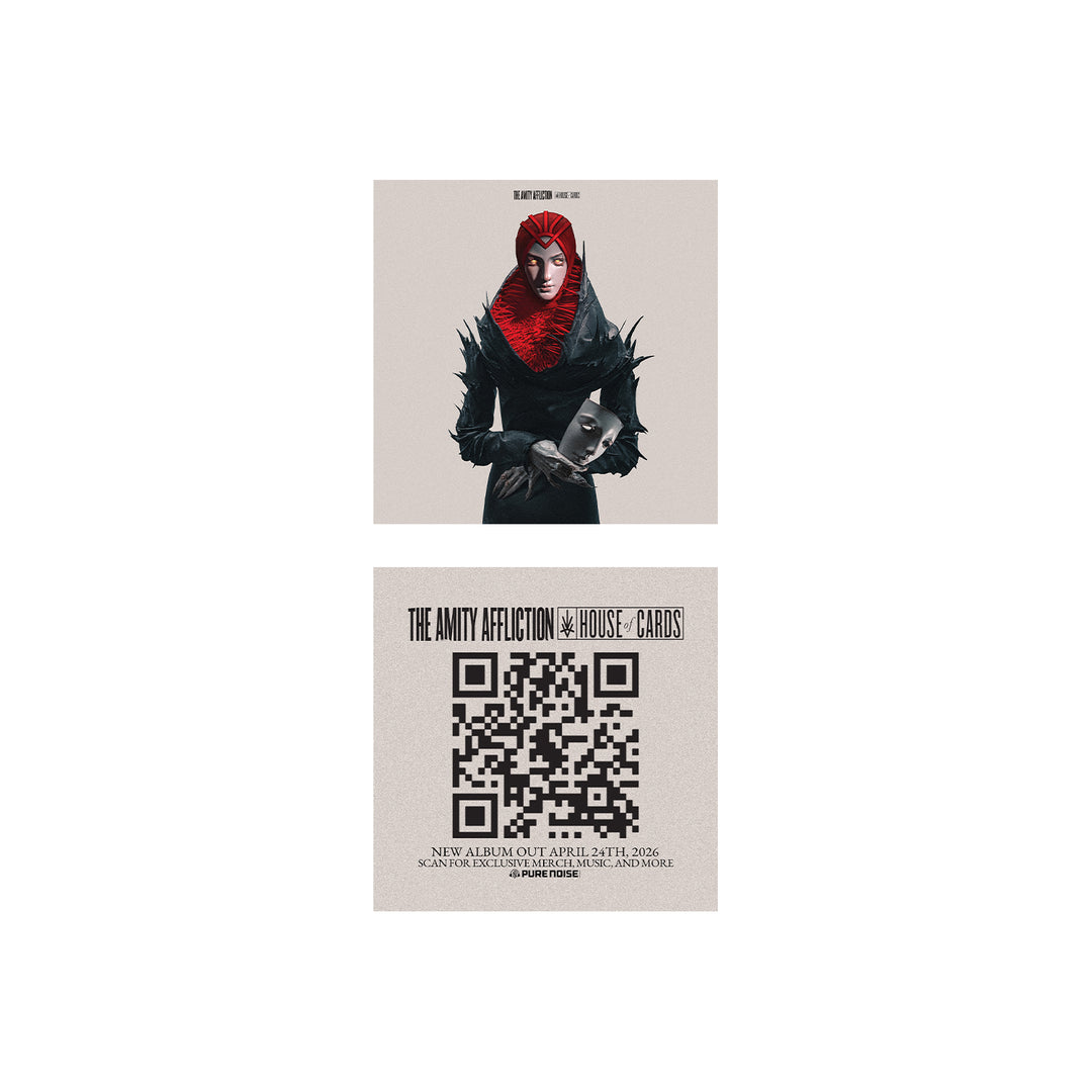 Top: Illustration of a black-clad, red-haired masked figure holding a mask, House Of Cards style. Bottom: QR code and text promoting The Amity Affliction’s album "Not Without My Ghosts," out April 12, 2024.