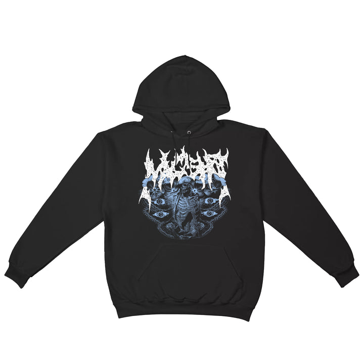 Mugshot black hoodie with a white, spiky band logo above a blue and black graphic showing a figure surrounded by multiple eyes.