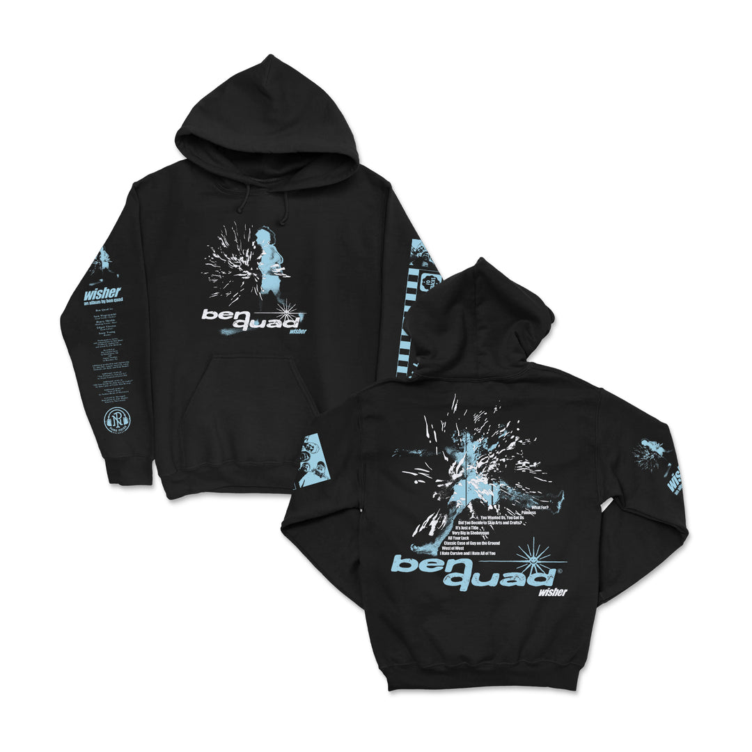 Ben Quad black hoodies showcase blue and white abstract splatter art, “bequad” and “wisher” text, plus unique symbols on the front, back, and sleeves. Bold graphics make these hoodies stand out.