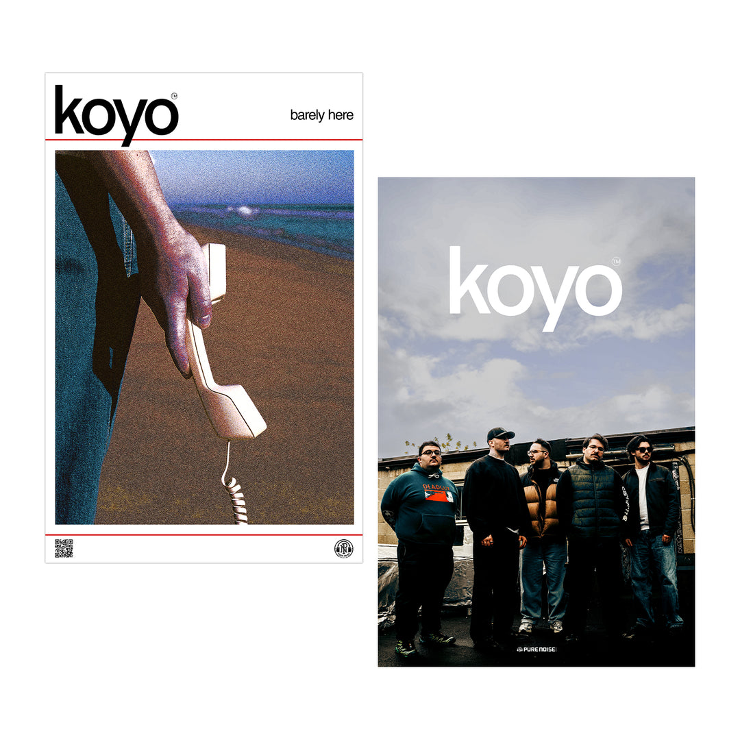 This double-sided KOYO poster shows a striking hand with a white corded phone on one side and the five band members under a cloudy sky on the other—perfect for any Barely Here collection.