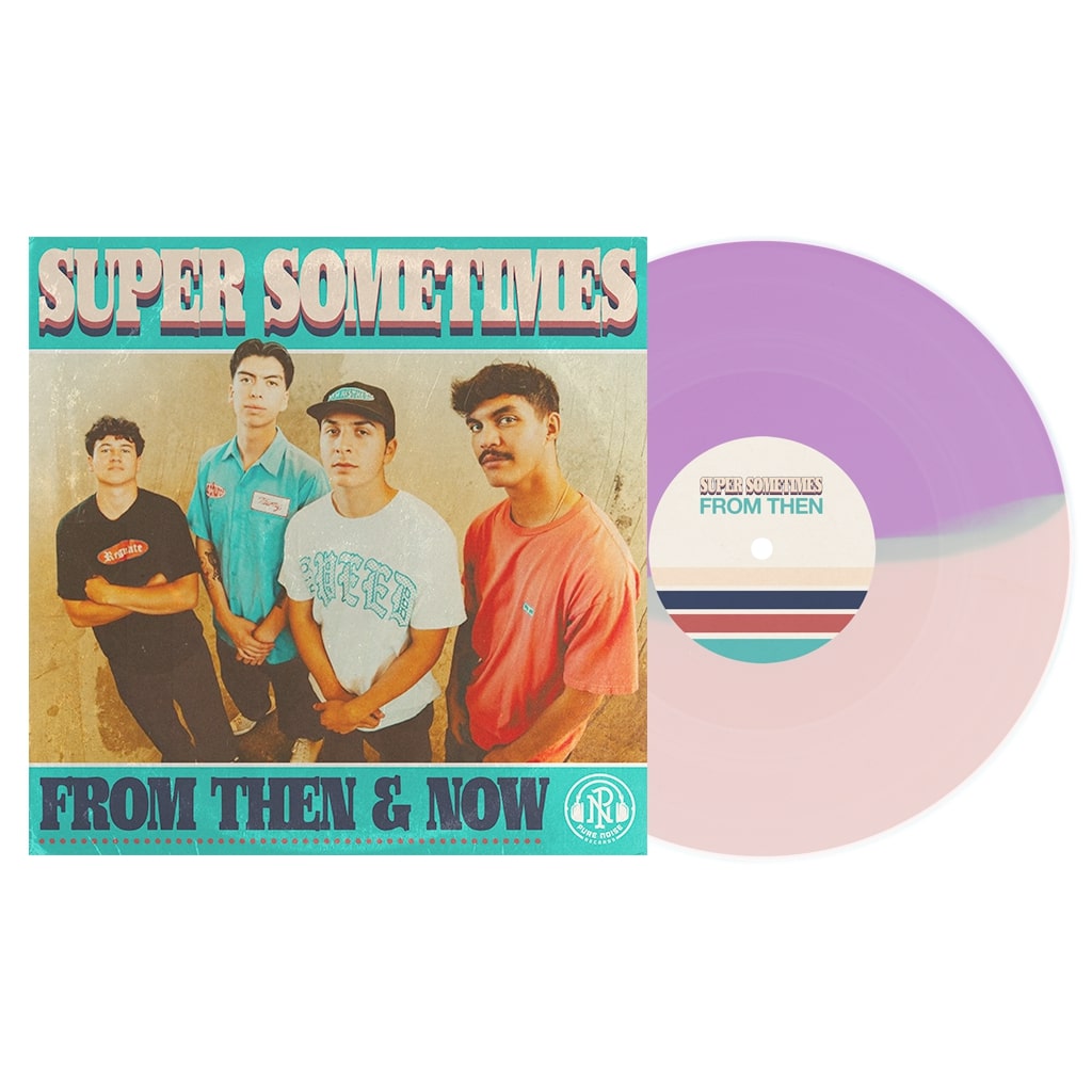 The From Then & Now album cover by Super Sometimes features four young men together, shown beside a baby pink violet marbled vinyl with a retro label—now available for album presale.