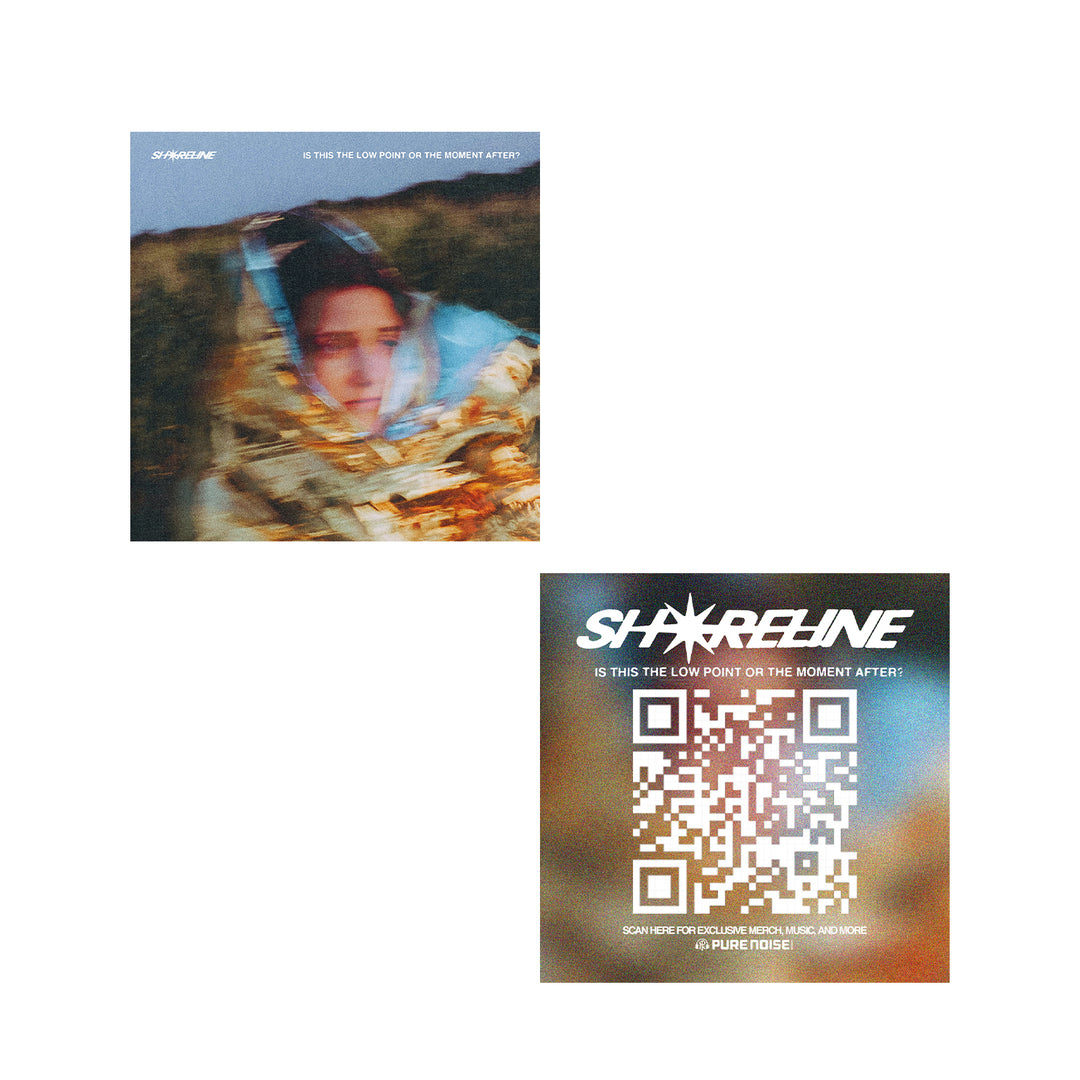Top image: a blurred photo shows someone in a patterned blanket outside, evoking calmness. Bottom image: Shoreline logo above a QR code—scan for exclusive music, media, and more from Shoreline.