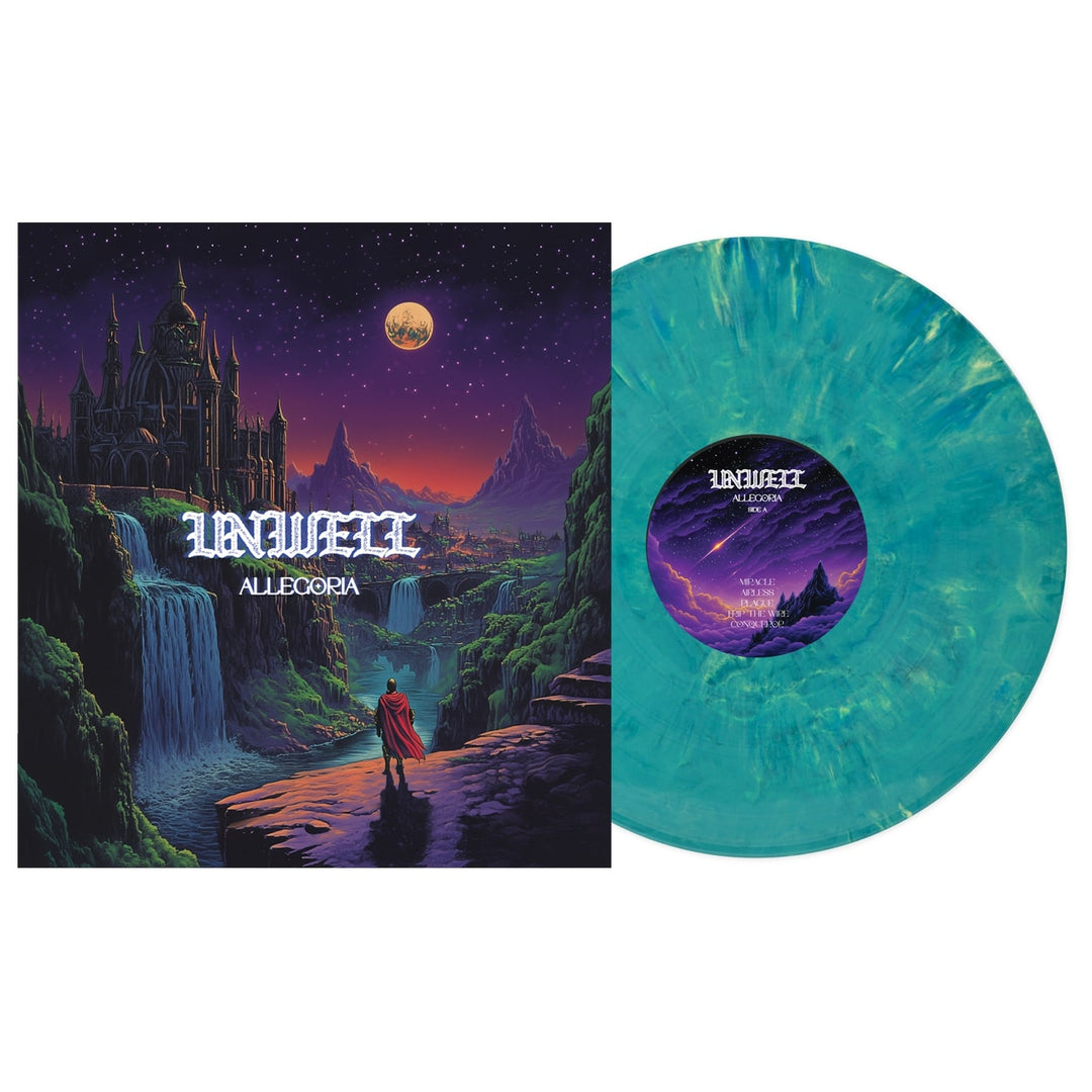 A turquoise Allegoria Seaside Cove Marble Vinyl LP by Unwell rests beside its cover, featuring a fantasy landscape with a castle, mountains, full moon, waterfalls, and a red-cloaked figure. Preorder the album Allegoria by Unwell now.