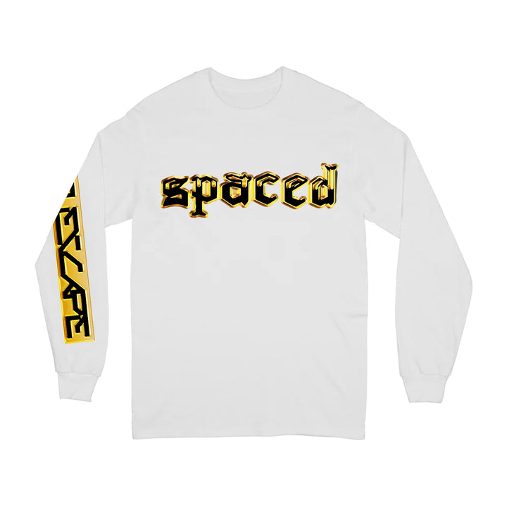 A white Spaced long-sleeve shirt featuring a bold gold and black gothic White Logo across the chest and matching gold and black text design down the right sleeve.