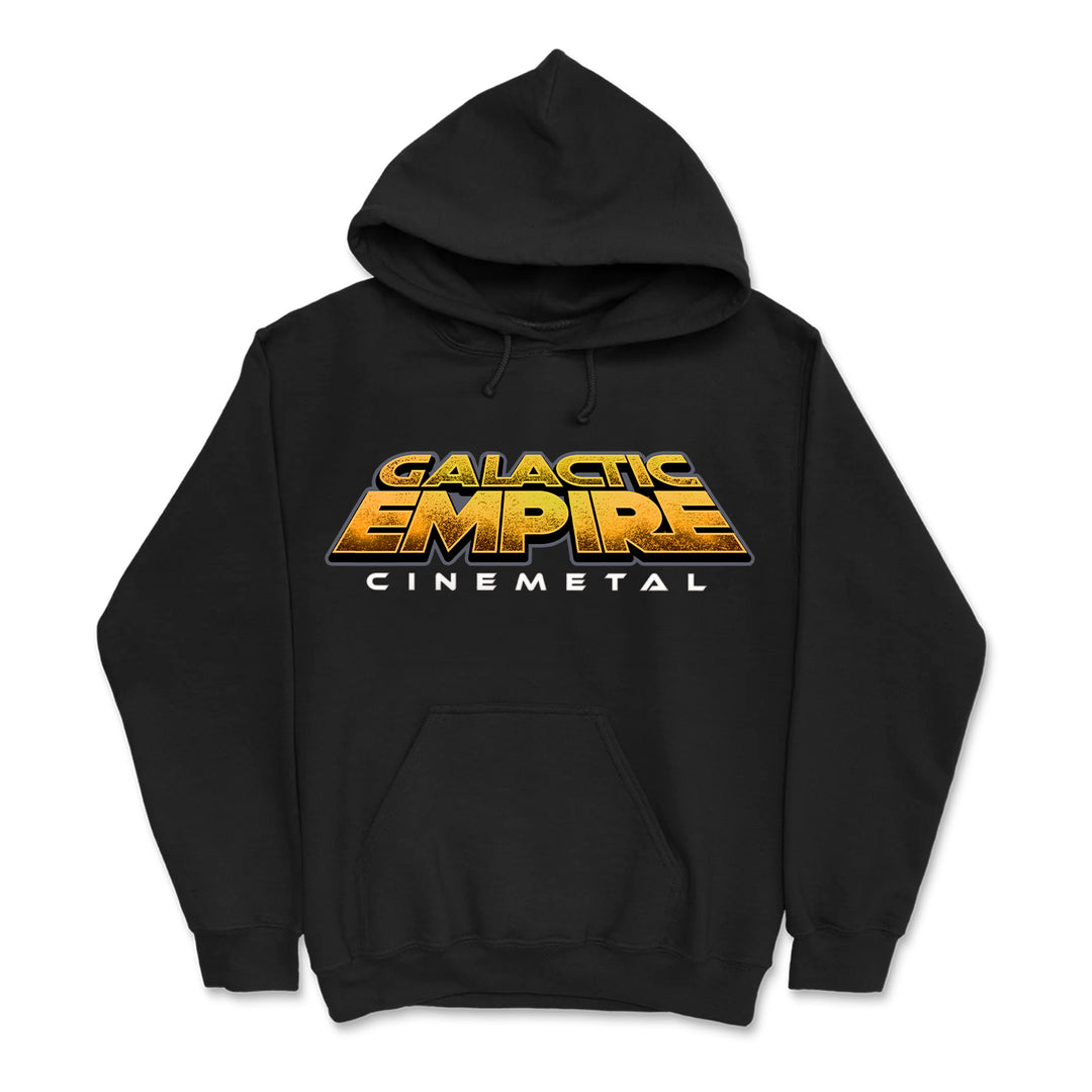 A black hoodie by Galactic Empire with a front pocket, featuring bold yellow gradient GALACTIC EMPIRE lettering and smaller white CINEMETAL text below.