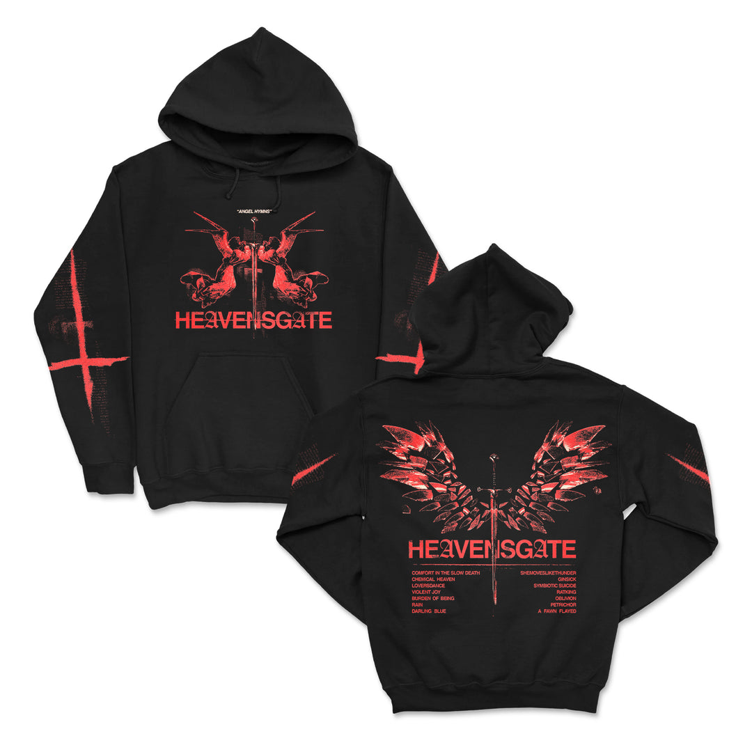 Heavensgate black hoodie featuring red winged figure and HEAVENSGATE text on the front, red cross on the sleeve, and bold red wings, locations, and HEAVENSGATE branding on the back.