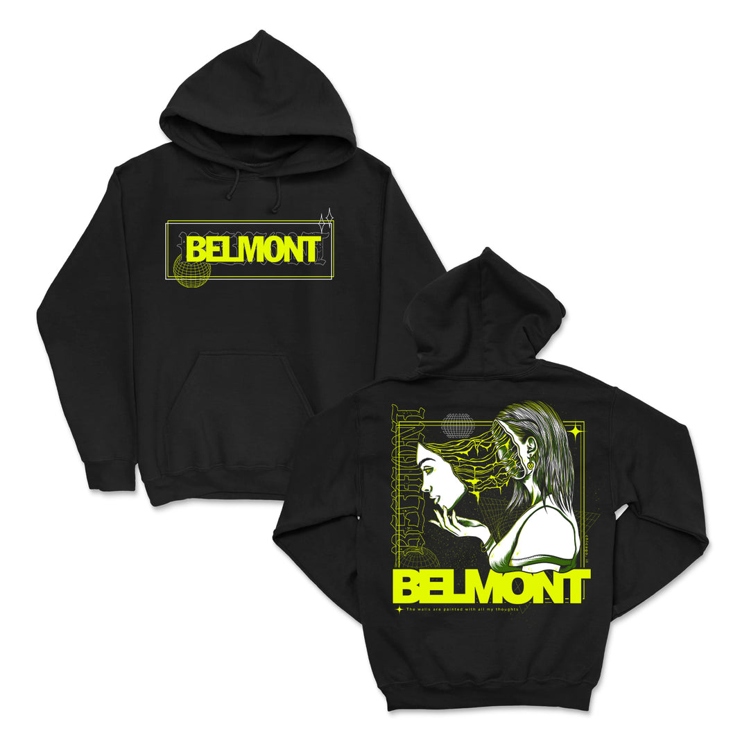 Belmont black pullover hoodie features “BELMONT” in bold yellow on the front. The back displays Mask V2–inspired face and hand line art with yellow accents, plus “BELMONT” at the bottom for a standout sweater.