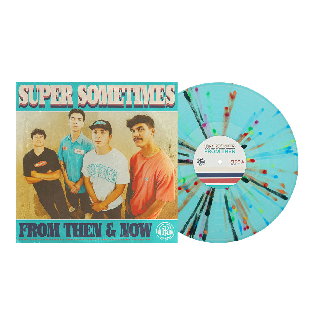 A blue vinyl record with rainbow splatter sits beside its cover, which features four young men and the text "Super Sometimes – Then & Now." Brand: Super Sometimes.