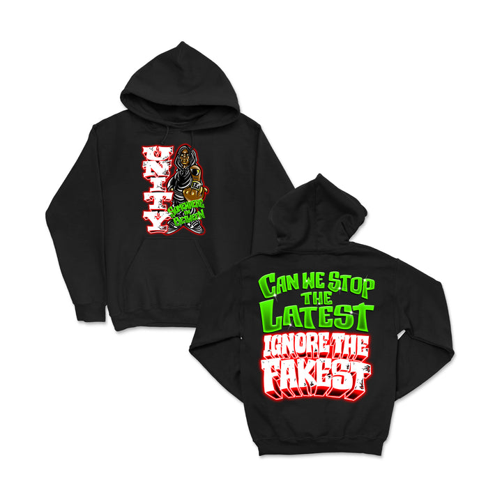 Black printed sweatshirt from UNITYTX showcases a vibrant masked figure with "DAZE" on the front and bold green and red text on the back: CAN WE STOP THE LATEST IGNORE THE FAKEST. Perfect for fans of custom apparel.