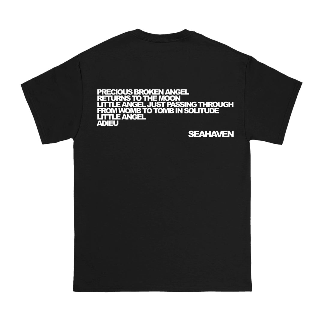 The Seahaven Oversized Box T-shirt in black cotton features white PRECIOUS BROKEN ANGEL...ADIEU text and SEAHAVEN on the back—a standout piece for fans of unique printed tees.