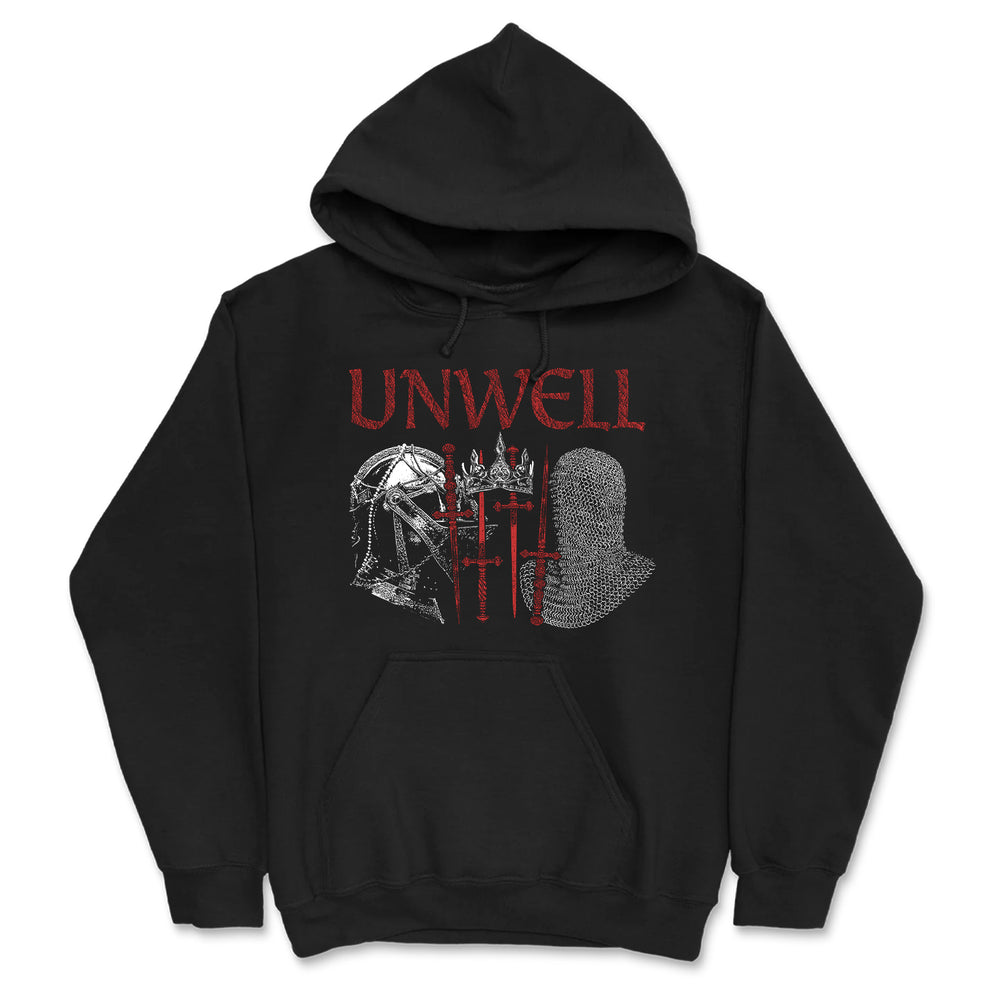 A black Unwell sweatshirt with UNWELL in red, two medieval helmets, and three downward red swords illustrated on the front.