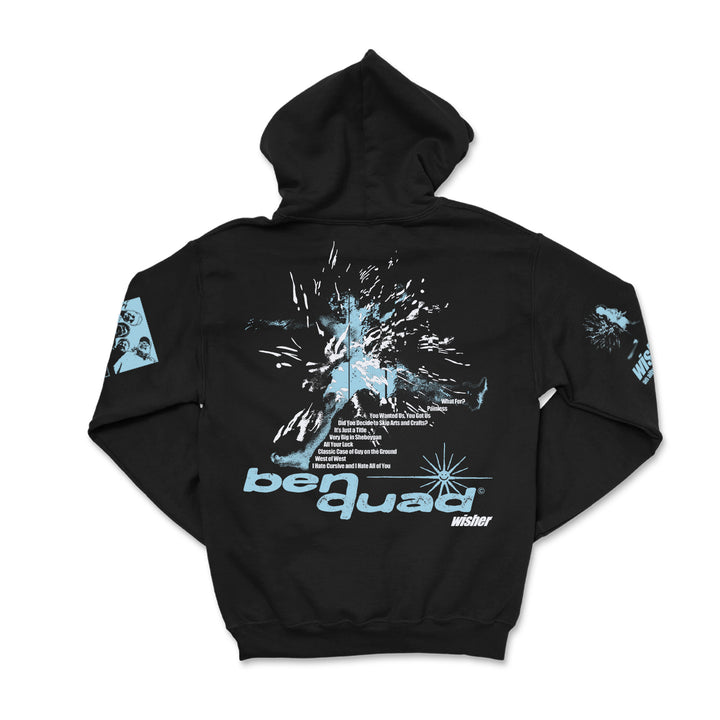 Ben Quad black hoodie with blue and white abstract graphics and benquad and wisher on the back. Blue designs and text also appear on the sleeves. The hoodie is shown laid flat.