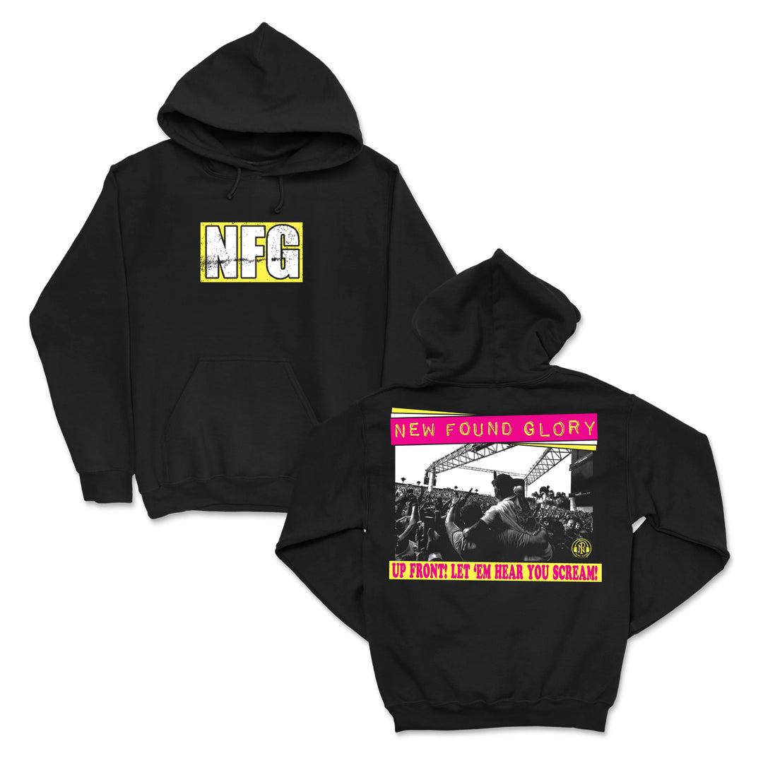 New Found Glory black hoodie with bold white "NFG" on the front and a black-and-white concert scene on the back. "NEW FOUND GLORY" in pink plus "UP FRONT: LET EM HEAR YOU SCREAM" in yellow and pink. Pair with a black bra for an edgy style.