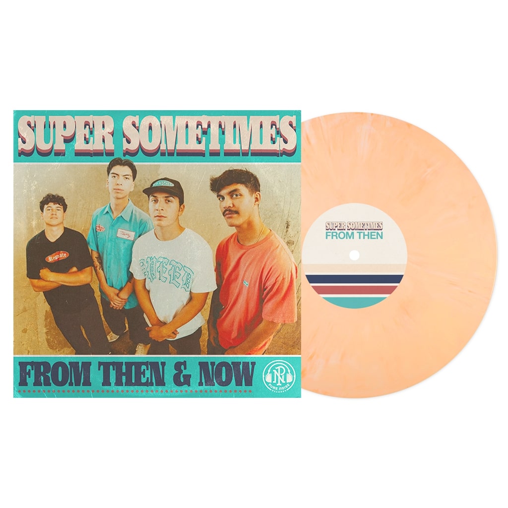 A pink and blue record case with a group of men beside it, featuring the Super Sometimes limited edition Dreamcicle Vinyl LP.