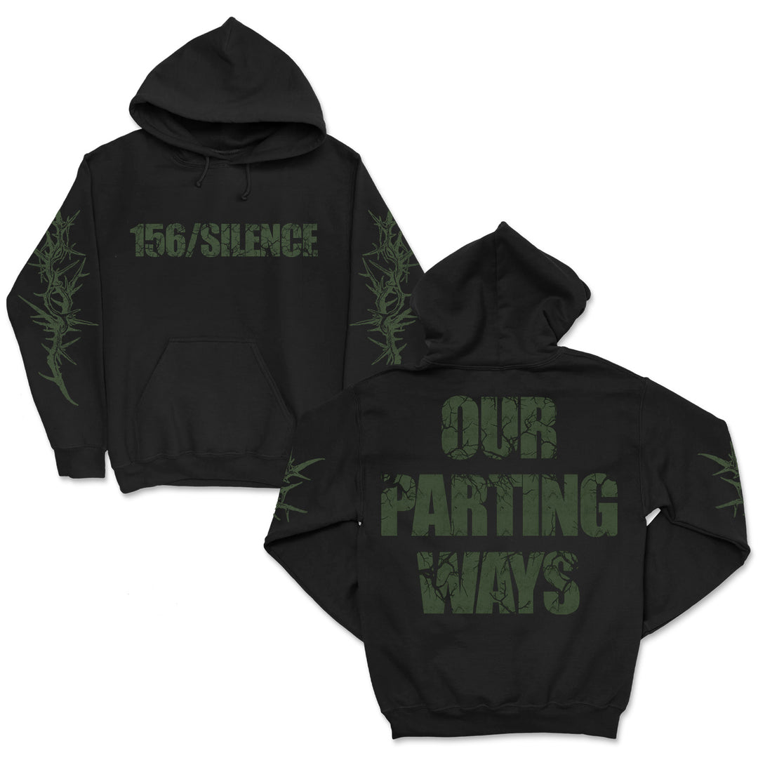 Two black hoodies by 156/Silence feature green thorny sleeve designs. The front displays "156/SILENCE" while the back shows "OUR PARTING WAYS" in bold, distressed block letters—a standout custom apparel piece.