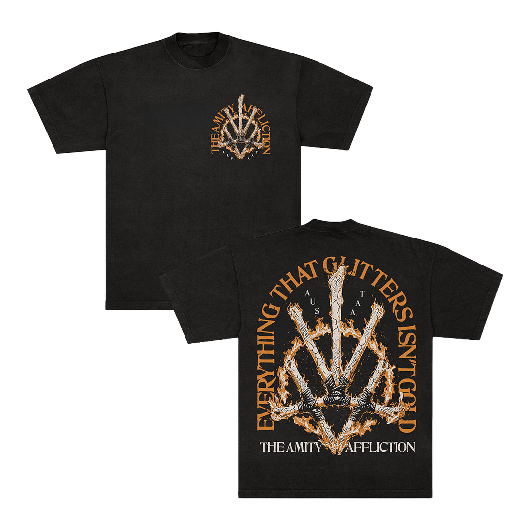 Black Gildan T-shirt by The Amity Affliction with a spiky metallic logo on the front left chest and a large back print reading "EVERYTHING THAT GLITTERS ISN’T GOLD" above "THE AMITY AFFLICTION" and "AUSTRALIA.
