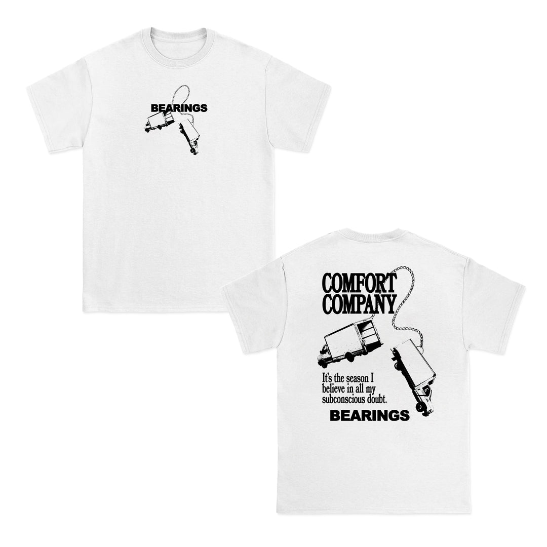 Bearings white t-shirt with black graphics: front features BEARINGS text and tattoo machine; back shows COMFORT COMPANY, a machine, and “It’s the season I believe in all my subconscious doubt,” plus a subtle white truck chain motif.