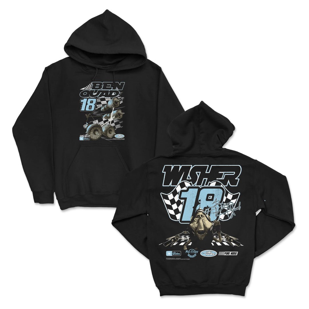 Black hoodie from Ben Quad with racing graphics. Front displays a race car and "Ben 18"; back features a bulldog, checkered flag, number 18, "Waher" text, sponsor logos. Premium midweight pullover style.