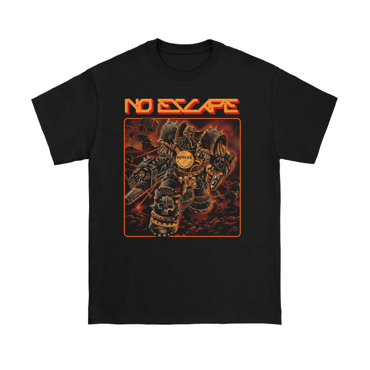 Spaced No Escape black t-shirt with bold red “NO ESCAPE” text above an armored robot wielding weapons, set against a fiery apocalyptic city backdrop with smoke.