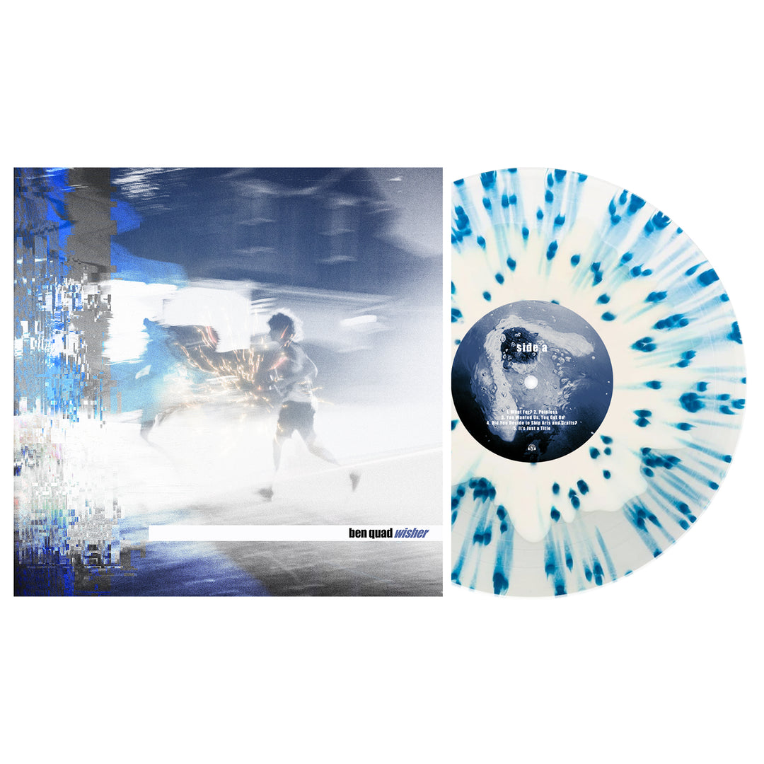 A Ben Quad: well see Blue Splatter Vinyl LP with a white base is shown beside its album cover, featuring a blurred nighttime image of people running with abstract digital effects.