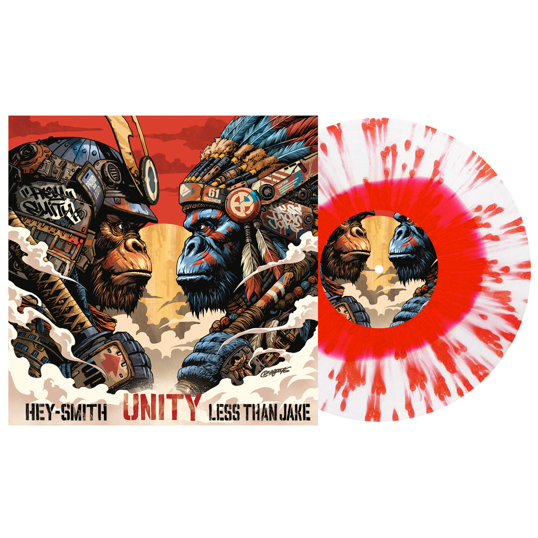 Album cover art for UNITY by Less Than Jake, featuring two illustrated gorilla warriors facing off, on bold red and white splatter vinyl.