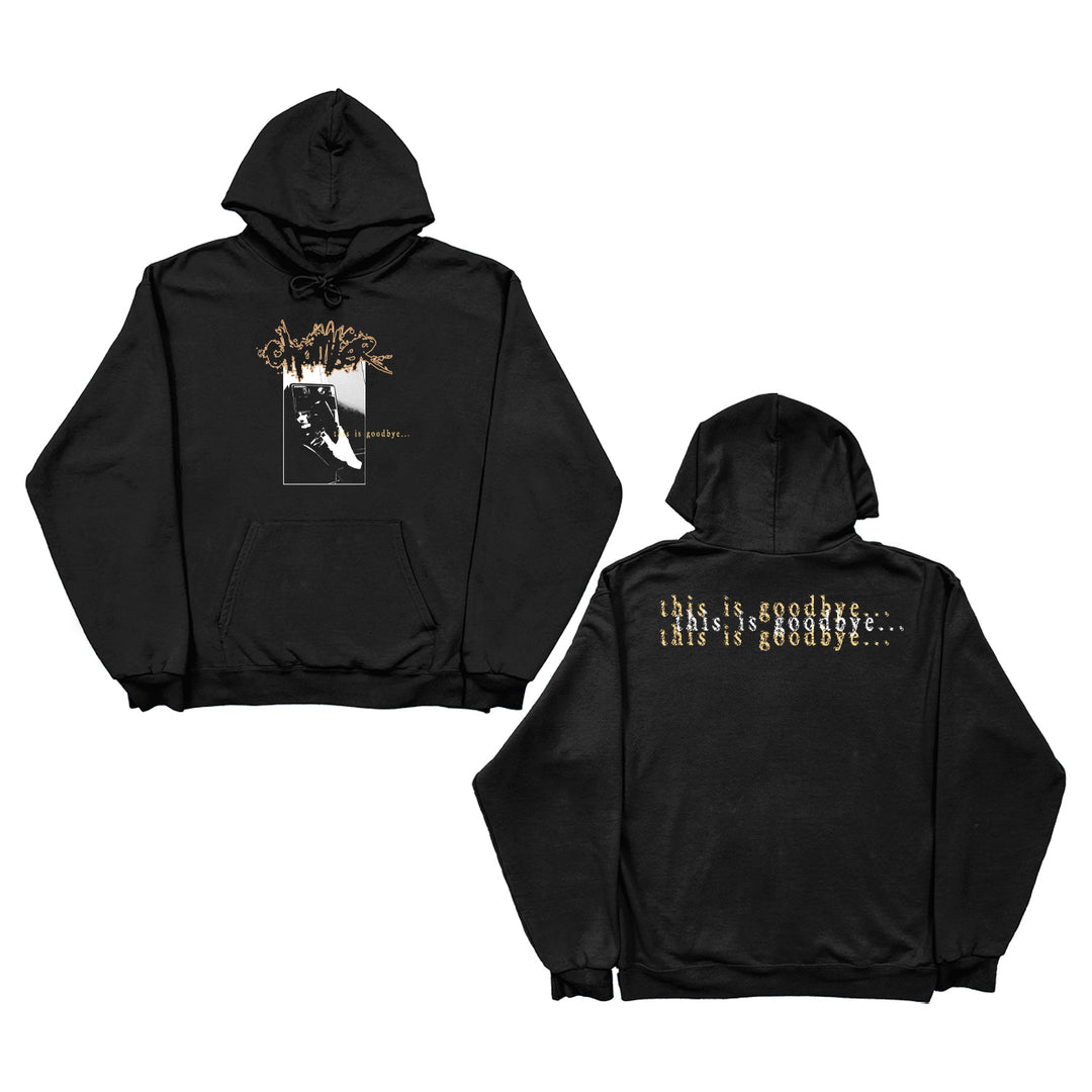 Chamber black hoodie shown front and back. Printed sweatshirt features a graphic hand holding a cigarette, stylized text, and "this is goodbye...." with repeated text on the back. Standout branded apparel by Chamber.