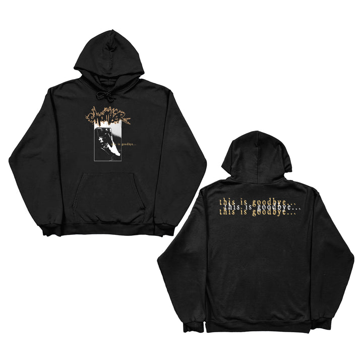 Chamber black hoodie shown front and back. Printed sweatshirt features a graphic hand holding a cigarette, stylized text, and "this is goodbye...." with repeated text on the back. Standout branded apparel by Chamber.