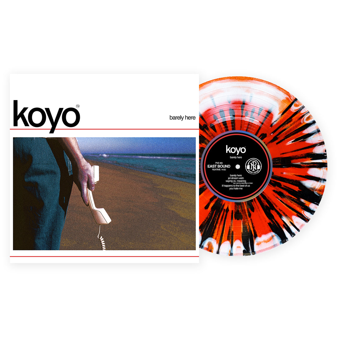 The image shows KOYO’s Barely Here album cover, with a person holding a white corded phone on a beach. Beside it is the limited edition Barely Here LP—vinyl with a bold white, black, and red splatter design.