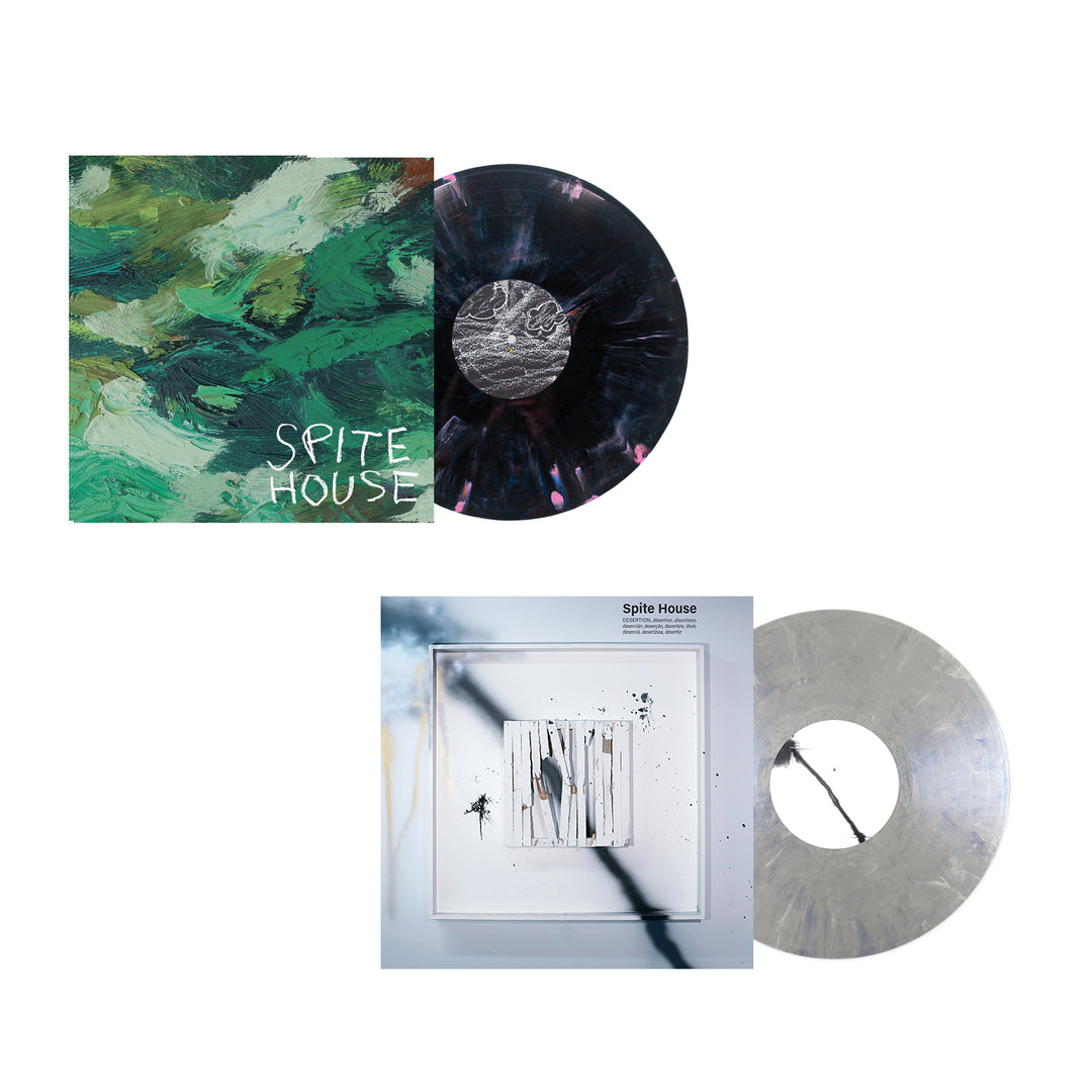 Two Spite House Vinyl LPs: one with green abstract art and the SPITE HOUSE logo, the other with a white abstract design. Both feature Britannica Marble Metallic Mercury Blend in marbled black and gray for a unique, stylish look.