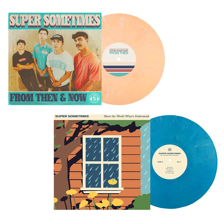 Two colorful vinyl records and covers: On top, the Super Sometimes album "Show The World What’s Underneath" features four men in casual clothes and a Dreamcicle Vinyl. Below, an illustrated window with raindrops sits beside a blue record.
