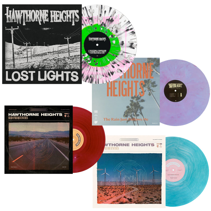 Hawthorne Heights vinyl lp collection. collection comes with Lost Lights Neon Green in Clear, The Rain Just Follows Me Baby Blue & Magenta Galaxy, Lost Frequencies Sea Blue Galaxy & Bad Frequencies Deep Purple. 