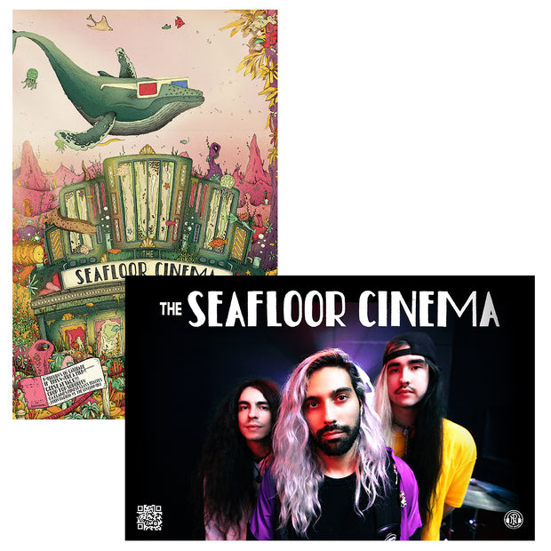 The Seafloor Cinema self titled double sided 11 by 17 poster. one side is a close up shot of the band and the other side is the album art. the album art is a literal seafloor cinema, whales and other sea creatures are going to the movie theater. 