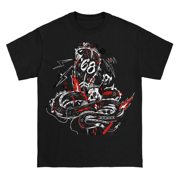 '68 Black Yes, And... t-shirt. front of shirt has a large cobra snake in a doodle scribble style with skulls and lightning bolts around it all in red and white ink. 
