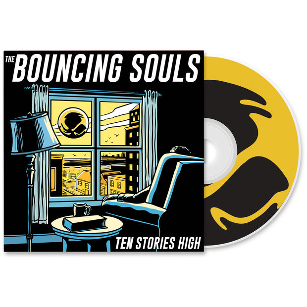 The Bouncing Souls Ten Stories High CD. Album Art depicts a person sitting by the window looking out to see a large Bouncing Souls symbol floating in the sky. CD exposed to show disc, CD disc has the Bouncing Souls symbol as the art. 