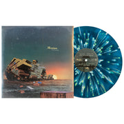 Samiam Stowaway Vinyl LP. Album Art depicts a large boat with shipping containers sinking at sunset. Vinyl color is Sea blue and aqua blue aside/bside with bone and yellow splatter.