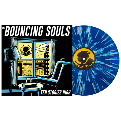 The Bouncing Souls Ten Stories High Vinyl LP. Album Art depicts a person sitting by the window looking out to see a large Bouncing Souls symbol floating in the sky. LP is exposed to show color. Color of LP is Blue with Heavy White Splatter.