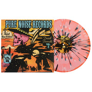 Dead Formats Volume 2 Vinyl LP. Album art depicts a western scene with a skeleton cowboy and some cool space inside of it. Vinyl color is Pink and orange with black and white splatter. 